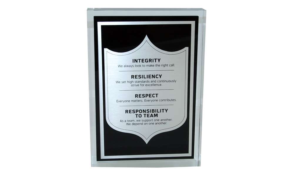 NFL Lucite Mission Statement Display (Front View)