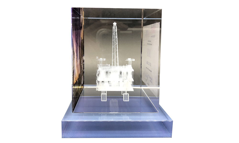 Oil Industry Commemorative with 3D Etching of Offshore Rig.